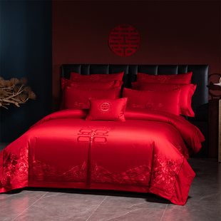 ✅ Chinese Style Big Red Wedding Four-Piece Wedding Dowry Double Happiness Embroidered Quilt Cover Bed Sheetss for Bed