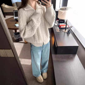 复古麻花双拉链纯羊毛开衫女秋冬新款高领加厚毛衣宽松针织衫