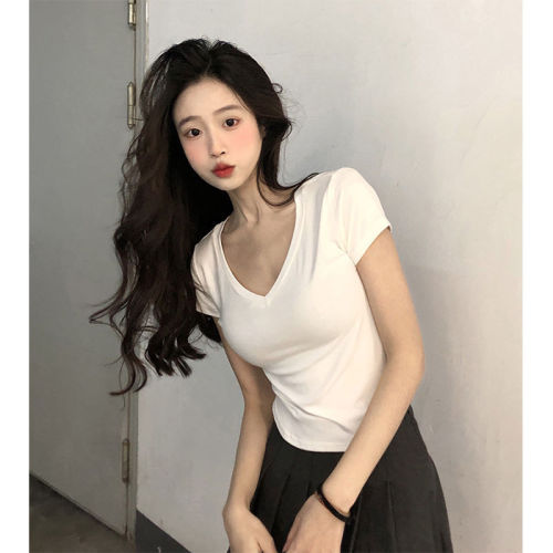 Summer  new Korean version of Internet celebrity pure desire V-neck slim and irregular short-sleeved T-shirt top for women
