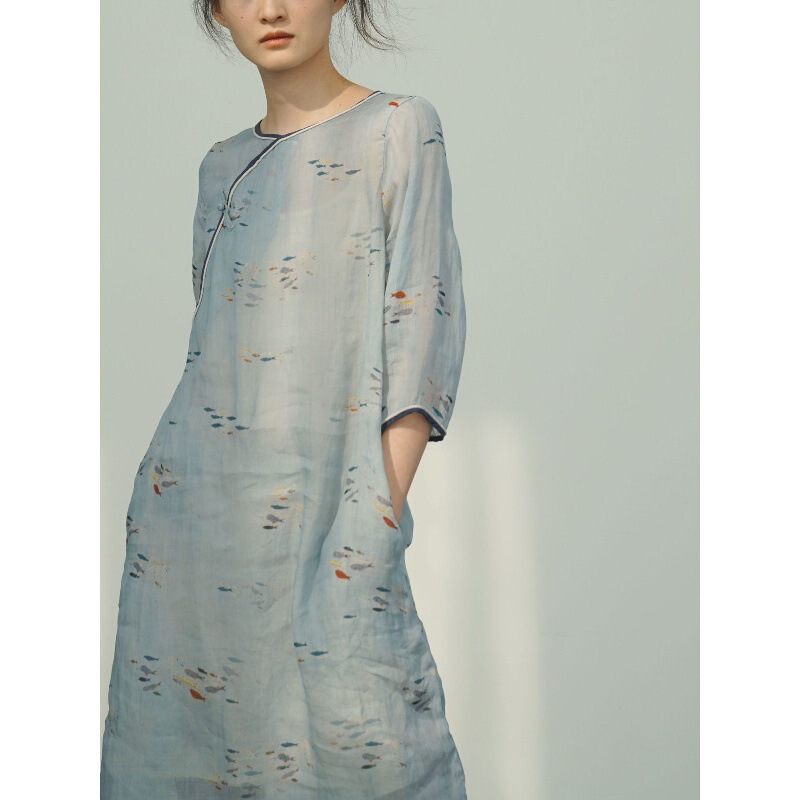 Original Improved Cheongsam Printed Round-Neck Diagonal-Collar Dress Zen-Inspired Chinese Style Sheer Long Dress L24072
