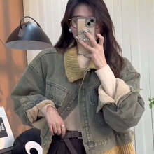 美式复古慵懒风撞色翻领牛仔外套女2025春秋新款小众休闲风上衣潮