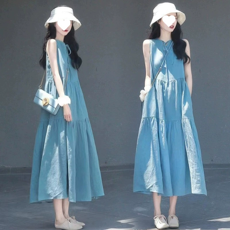 Летнее корейское модное свободное платье без рукавов на шнуровке, элегантное тонкое платье без рукавов больших размеров M 4XL 100kg