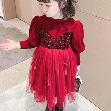 女童連衣裙秋冬季洋氣寶寶加絨毛衣裙子時髦紅色拜年服兒童公主裙
