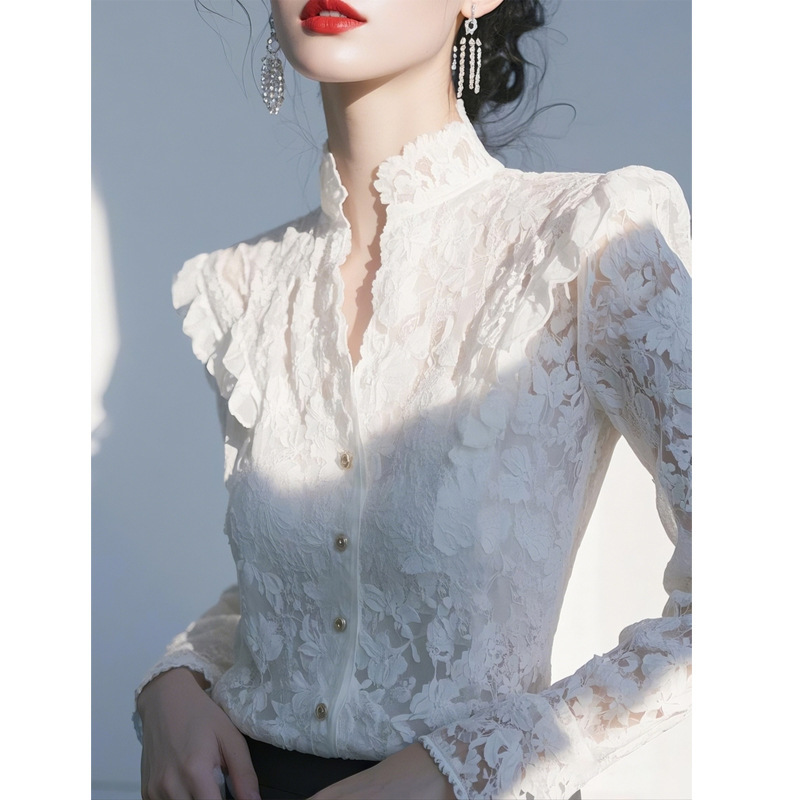 Spring 2025 New French Style Temperament Top Light Luxury High Feeling Unique Beautiful Super Nice White Lace Shirt