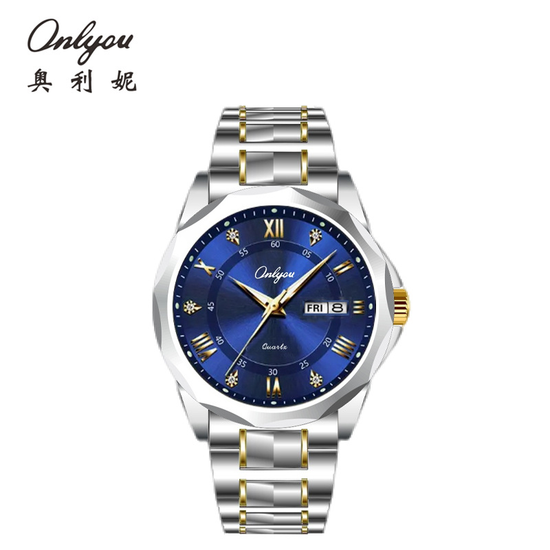 ONLYOU奥利妮情侣夜光防水日本机芯双日历简约气质情侣手表腕表