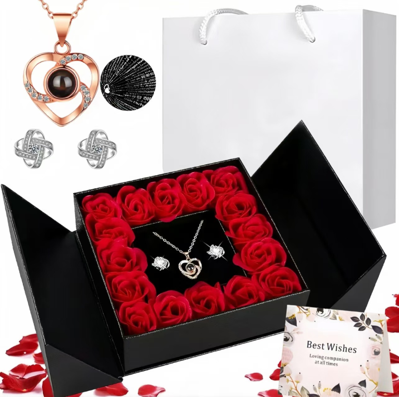 Golden earrings, gift box, pink gold