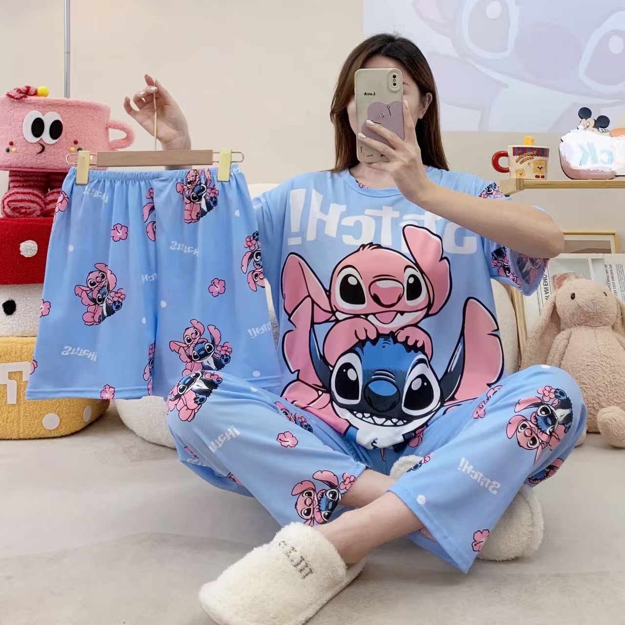 Pijamas de verano transfronterizos pijamas de leche de seda de tres piezas set de dibujos animados comercio exterior ropa para el hogar pantalones de mangas cortas lindos