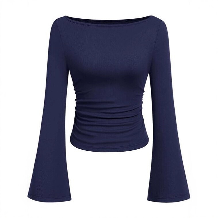 2025 Autumn New Style Women's Slim Fit Long Sleeve T-Shirt with Off-Shoulder Neckline and Bell Sleeves, Solid Color with Pleated Design