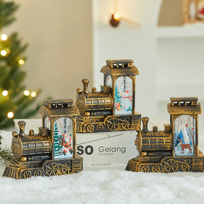 Luce notturna a forma di treno di Natale: lanterna a LED festiva attivata dall'acqua con disegni di Babbo Natale, renne e pupazzo di neve (dettagli con pennello dorato)_voghion.com