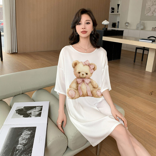 Yaoting pajamas women's satin chiffon digital printed round neck pullover short-sleeved nightgown SQ2273