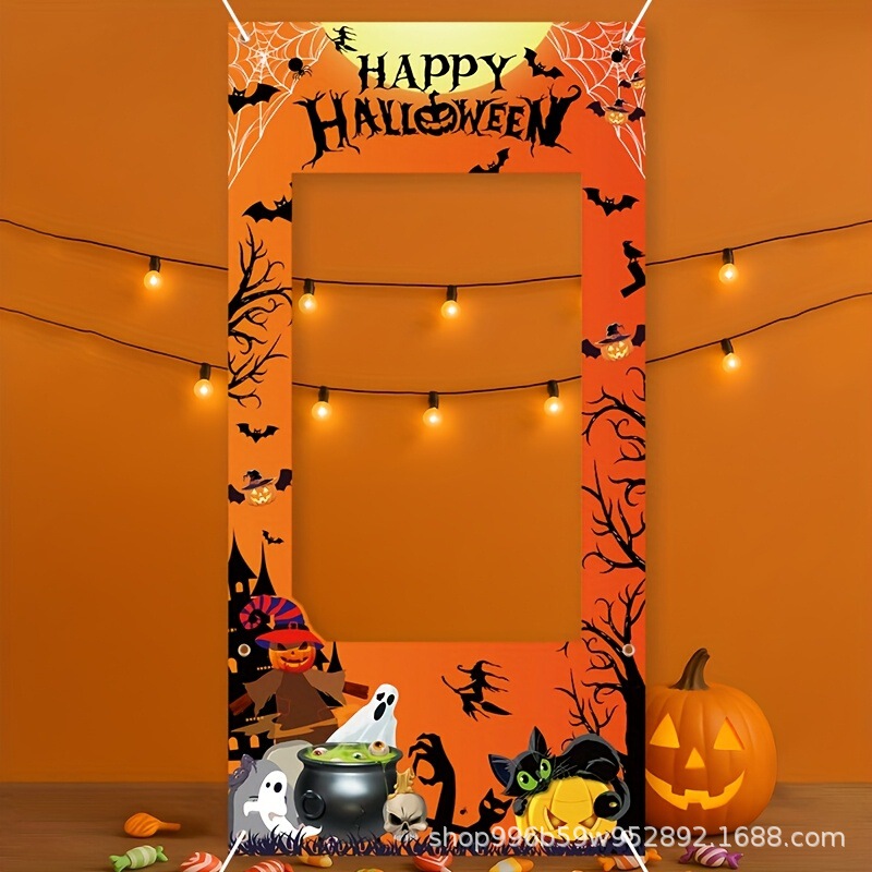 Halloween Vertical Photo Frame Background Cloth with Ghost, Black Cat, and Pumpkin Elements, Holiday Party Atmosphere, Hollow-Out Irregular Photo Frame Halloween Vertical Photo Frame Background Cloth with Ghost, Black Cat, and Pumpkin Elements, Holiday Party Atmosphere, Hollow-Out Irregular Photo Frame