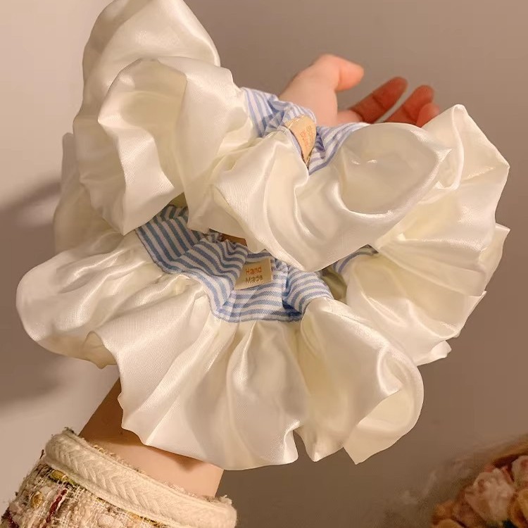 奶油缎面芭蕾风蓝色条纹大肠发圈女 百搭发绳扎头发橡皮筋大头绳
