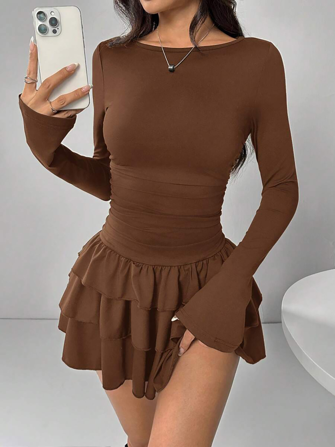 Women's Solid Color Slim Fit Ruffled Panel Long Sleeve Bodycon Mini Dress – Elegant Casual Gown_ecoleips.com