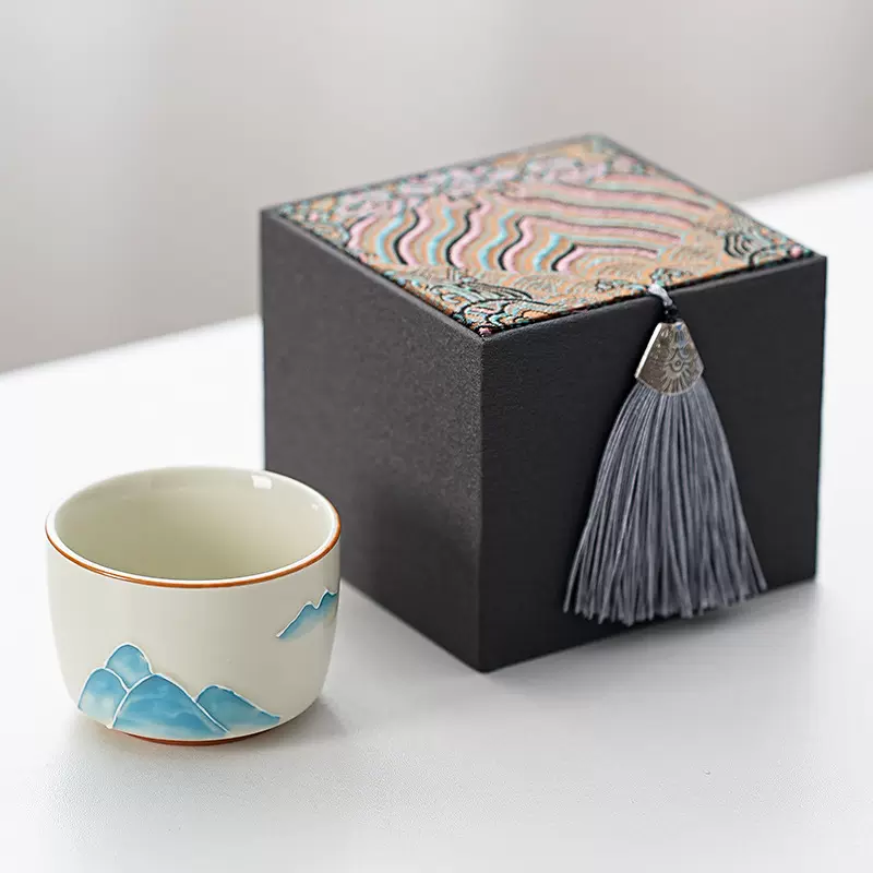 主人杯收纳盒建盏茶杯包装盒茶杯礼盒个人杯主人杯喝茶大容量锦盒