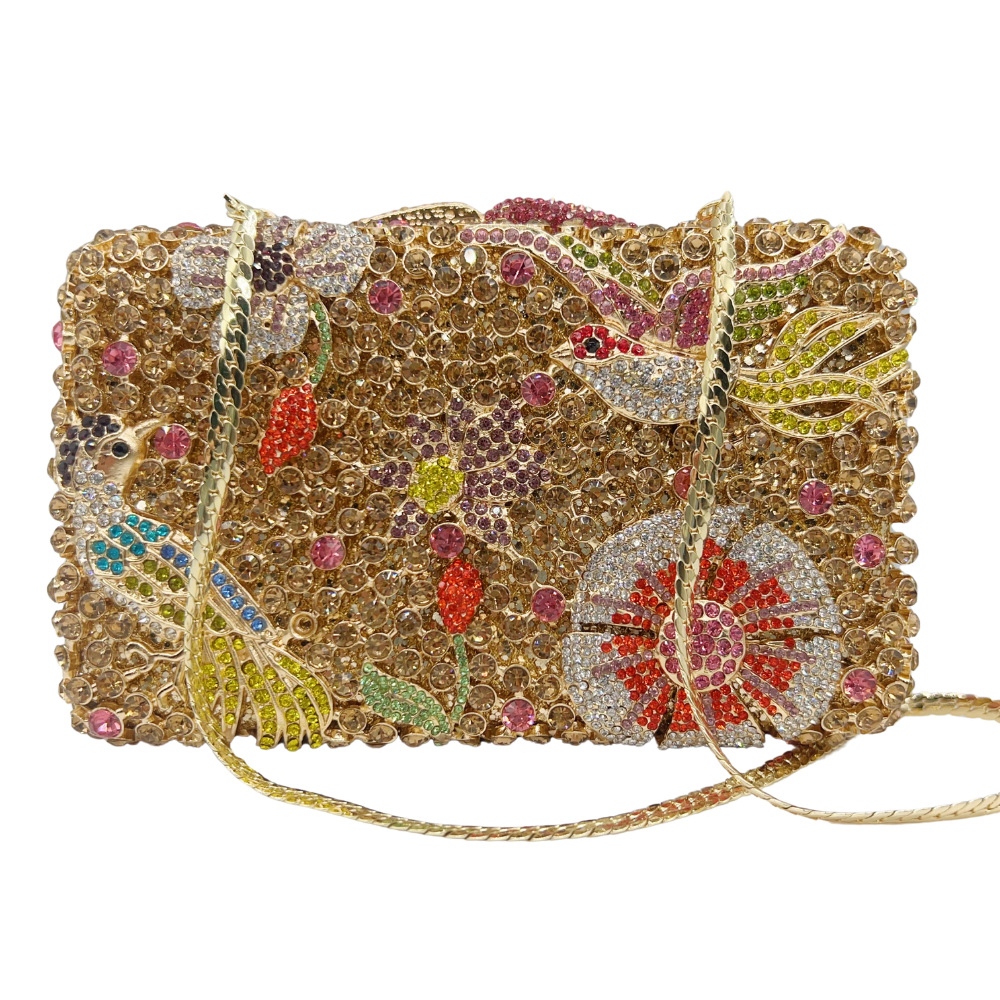 Túi clutch dạ hội nạm kim cương hoa hộp kim loại cứng — màu vàng