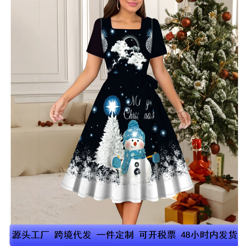 Christmas-Themed Printed Dress with Square Neck, Cinched Waist, and Tie, Plus-Size Women's Clothing, Manufacturer Pod Customization, Dropshipping Christmas-Themed Printed Dress with Square Neck, Cinched Waist, and Tie, Plus-Size Women's Clothing, Manufacturer Pod Customization, Dropshipping