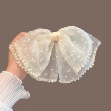 网红珍珠网纱发饰高级感网纱蝴蝶结头饰发夹弹簧夹头顶夹仙气飘飘