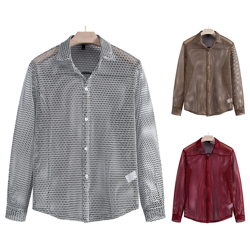 Трансграничная внешняя торговля весной Amazon новый европейский код мужской моды ажурный ночной клуб рубашка с длинными рукавами нейтральный