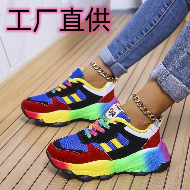 Spring and Autumn New Colorful Dad Shoes Hip-Hop Street Sports Color Matching Casual Personalized Platform Rainbow Women's Shoes Large Size