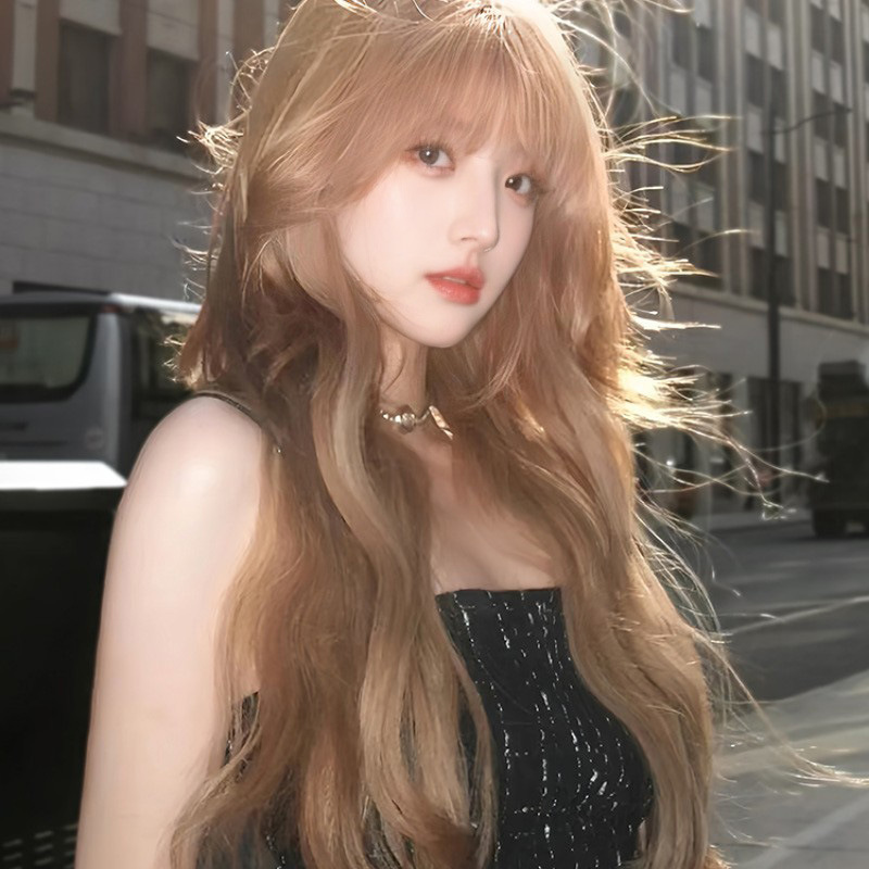 Cross-Border Hot-Selling Wig for Women with Long Hair, Large Waves, Full Head Wig, Milk Tea Champagne Color, Long Curly Hair, Realistic Human Hair Wig