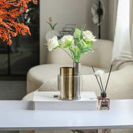 金银圆筒玻璃透明家居花瓶客厅ins风北欧装饰干花插花器金色瓶盖