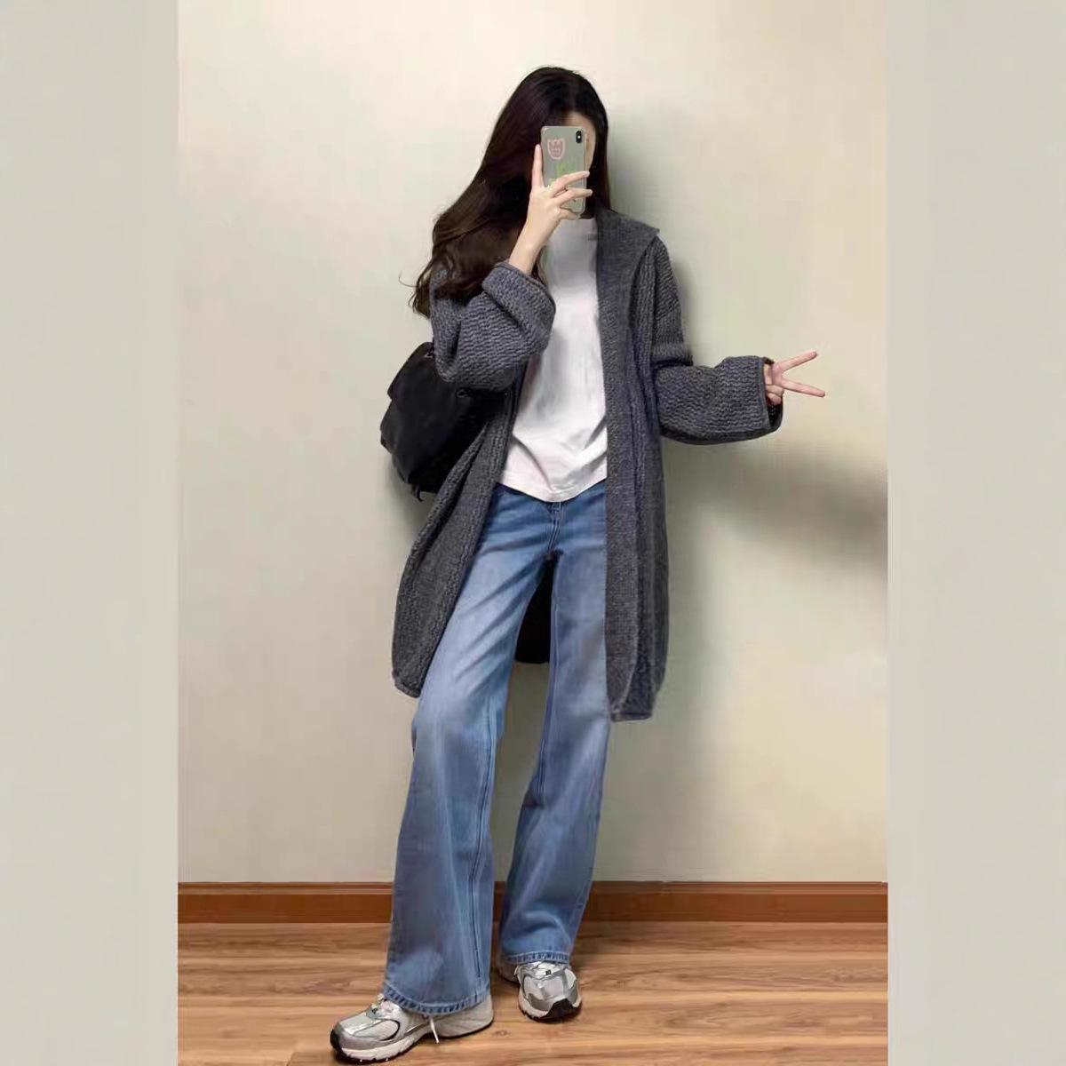 2025 otoño y invierno nuevo estilo coreano de mujer gris suéter con capuz chaqueta larga suelta cardigan de punto perezoso