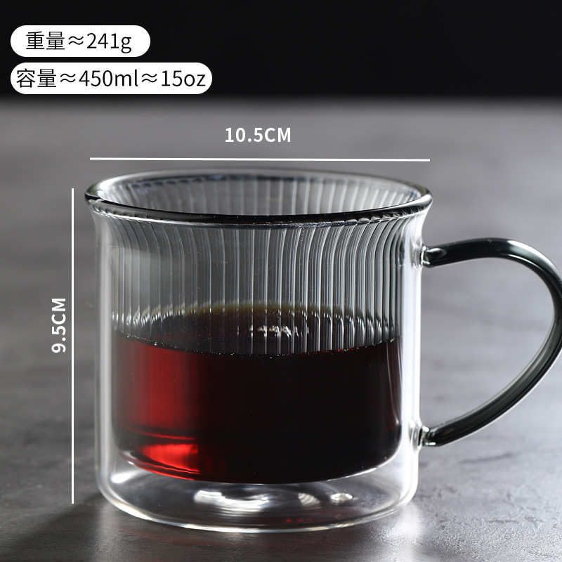 Fabricante al por mayor simple taza de vidrio de doble capa de rayas verticales transparente taza de vidrio resistente a altas temperaturas con mango taza de café de vidrio image 13
