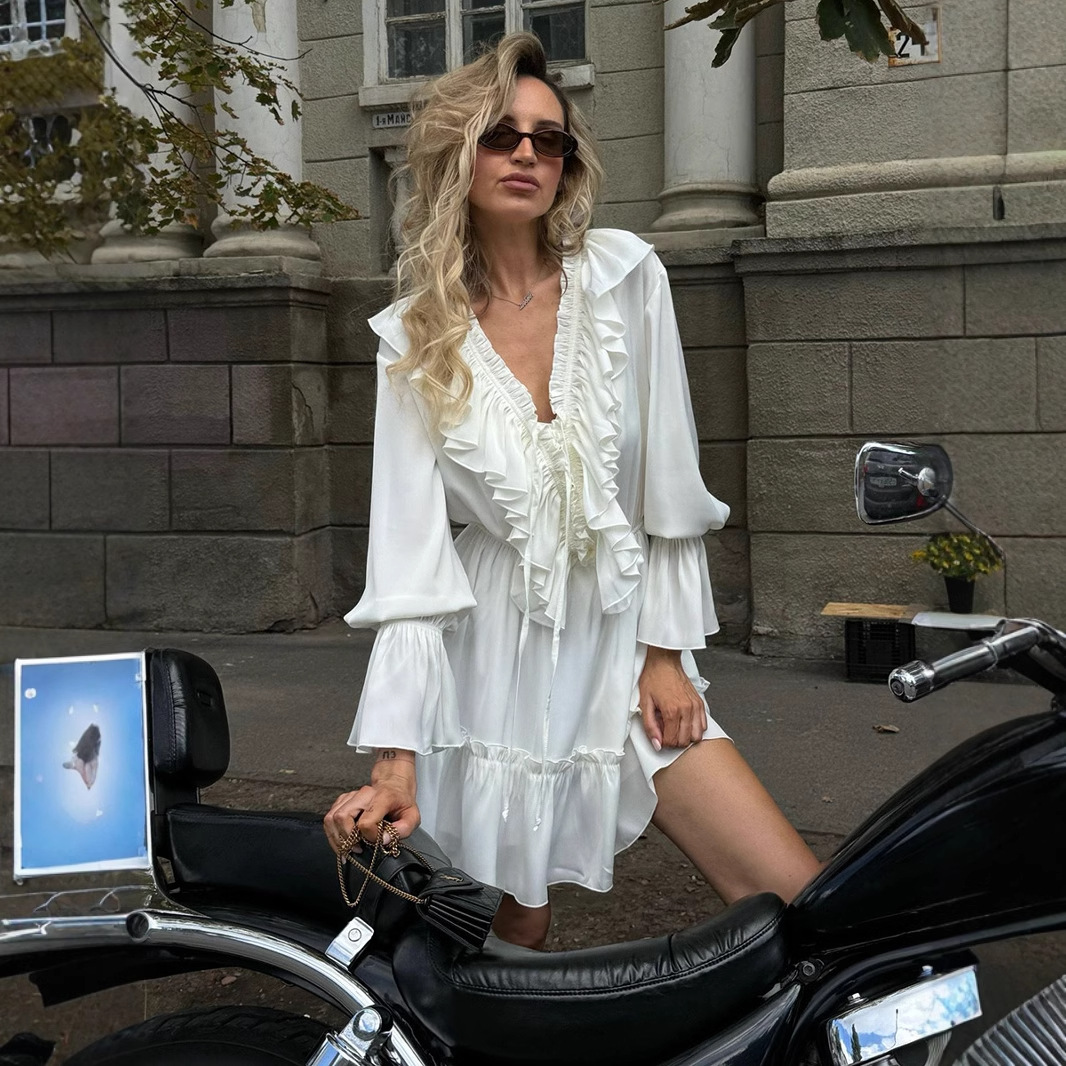 Cross-Border V-Neck Women 2025 Spring Summer New Flared Sleeve European And American Style Short Chiffon Dress_ecoleips.com