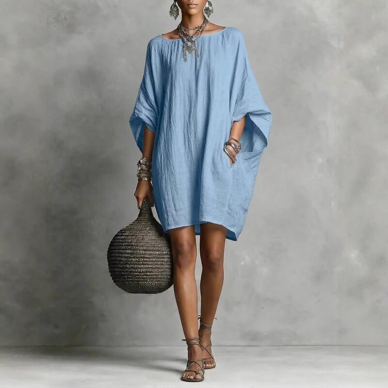 2026 Cross-Border Women's Clothing Amazon European and American Retro Solid Color Elegant Long-Sleeve Off-Shoulder Midi Casual Cotton and Linen Dress