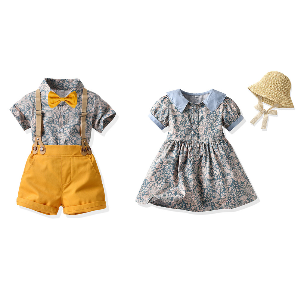 Mother & Kids children's suits boys short-sleeved printed shirt overalls bow tie beach style cross-border children's dress wholesale_voghion.com