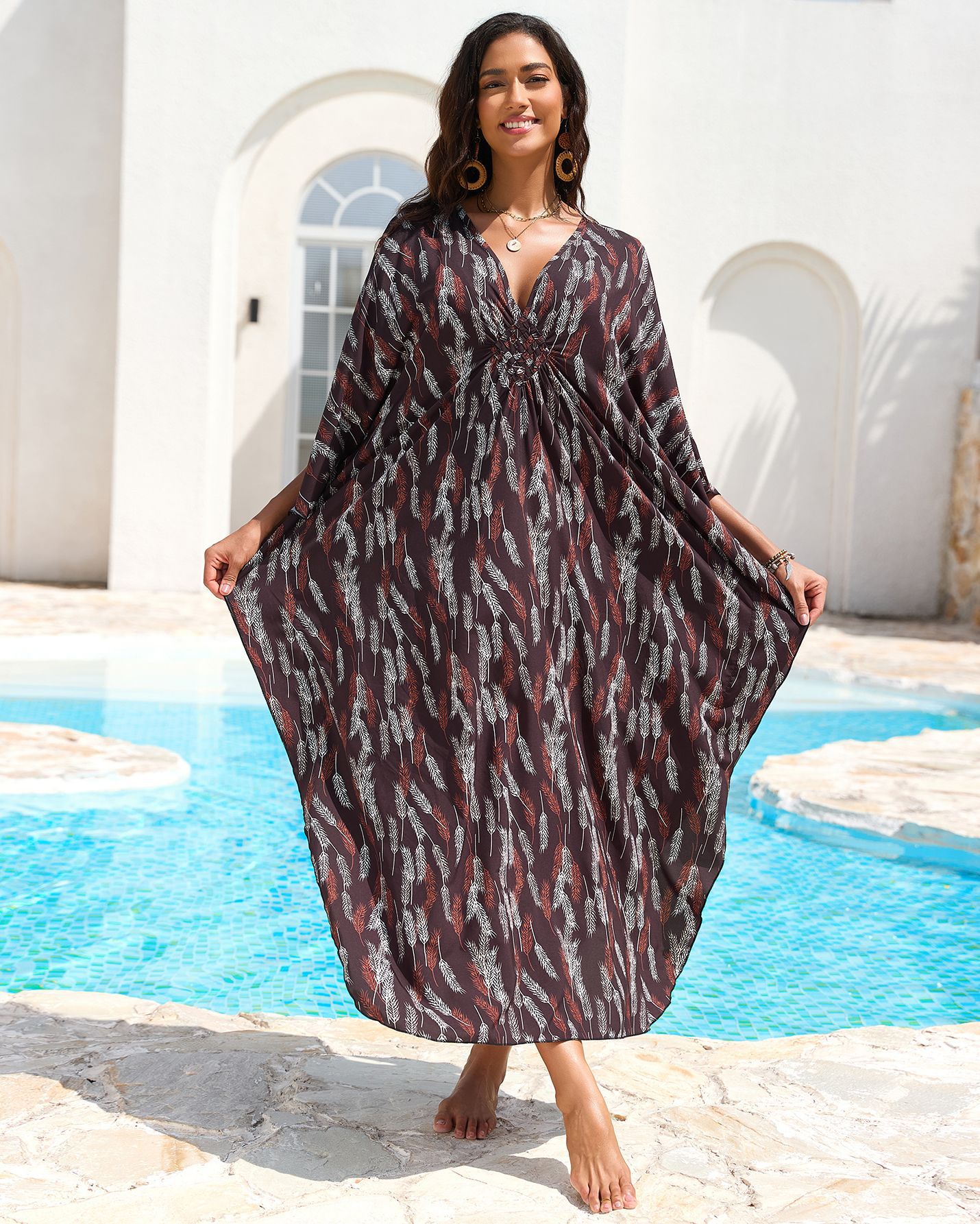 Nuevo posicionamiento de Europa y América impresa playa blusa tejida a mano V-collar vestido de vacaciones vestido largo 31 colores