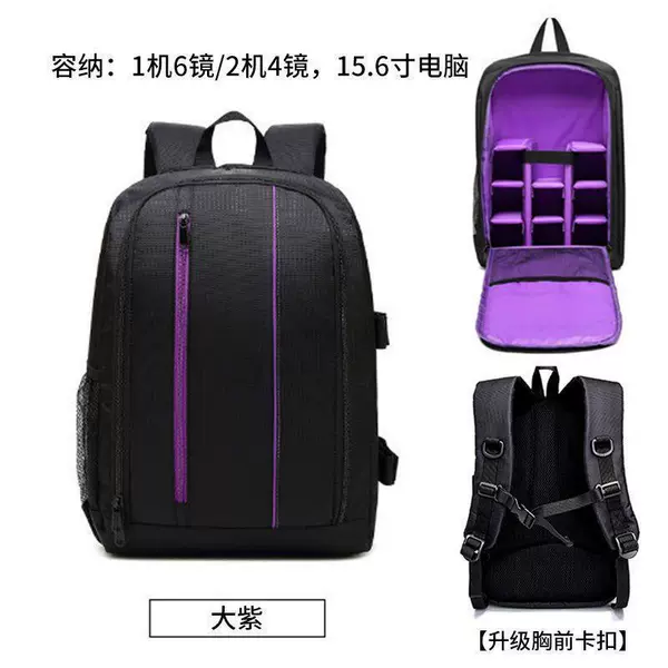 Big camera, purple equipment bag, raincoat