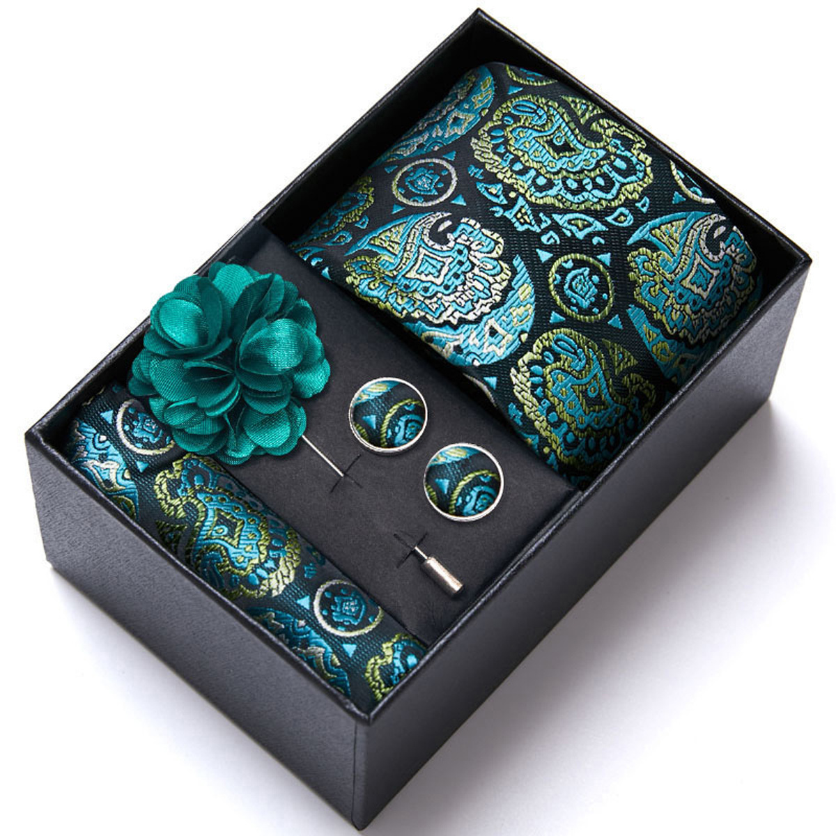 男性の新しい青いストライプのプリントネクタイのスカーフのカフスの胸の花のギフトボックスの包装の贈り物の佳品は祝日に適します。
