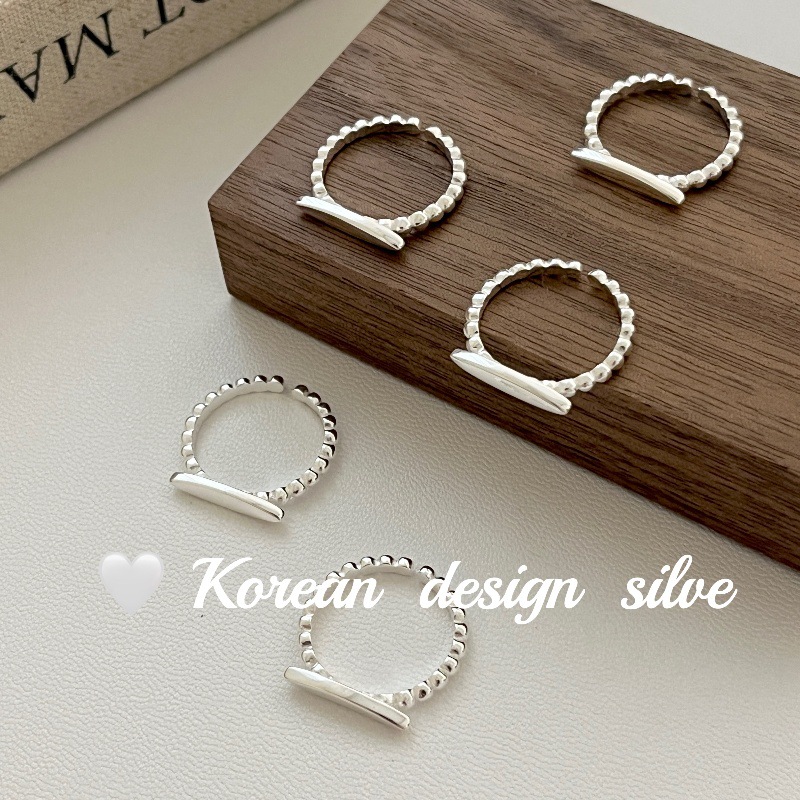 韓國ins風博主同款戒指 S925純銀一字珠珠拼接戒指開口細戒百搭款