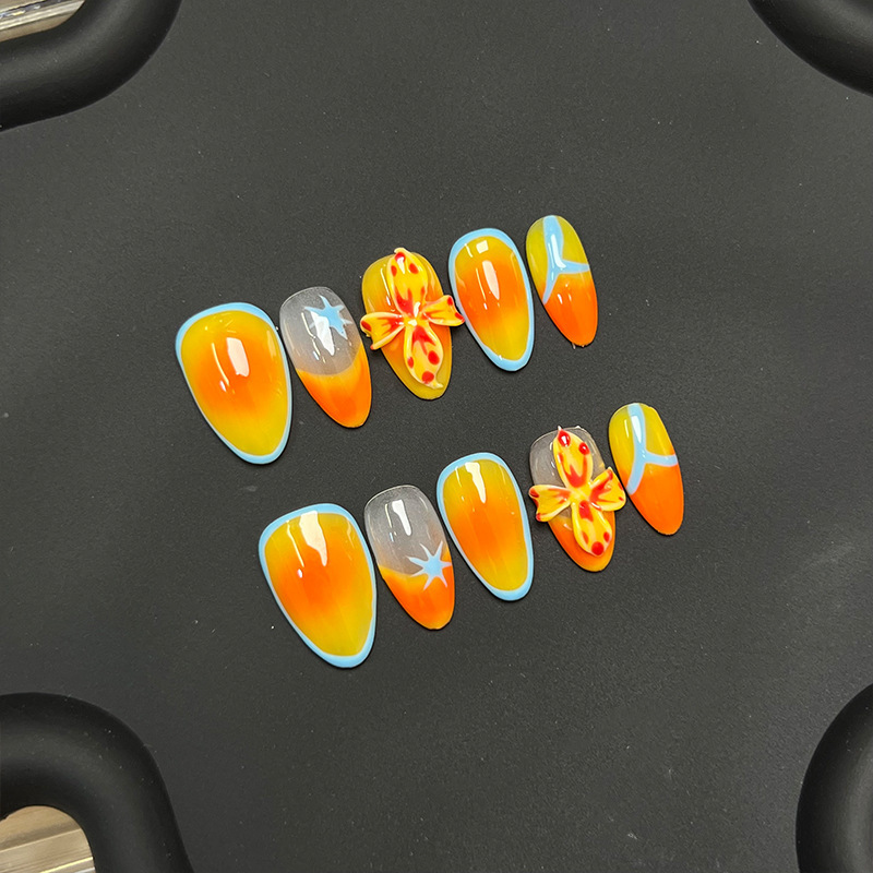 Purely Handmade Wearable Nails, Orange-Yellow Gradient Flowers, Romantic Atmosphere, Blue Edges, Fresh and Energetic Whitening Nail Patches