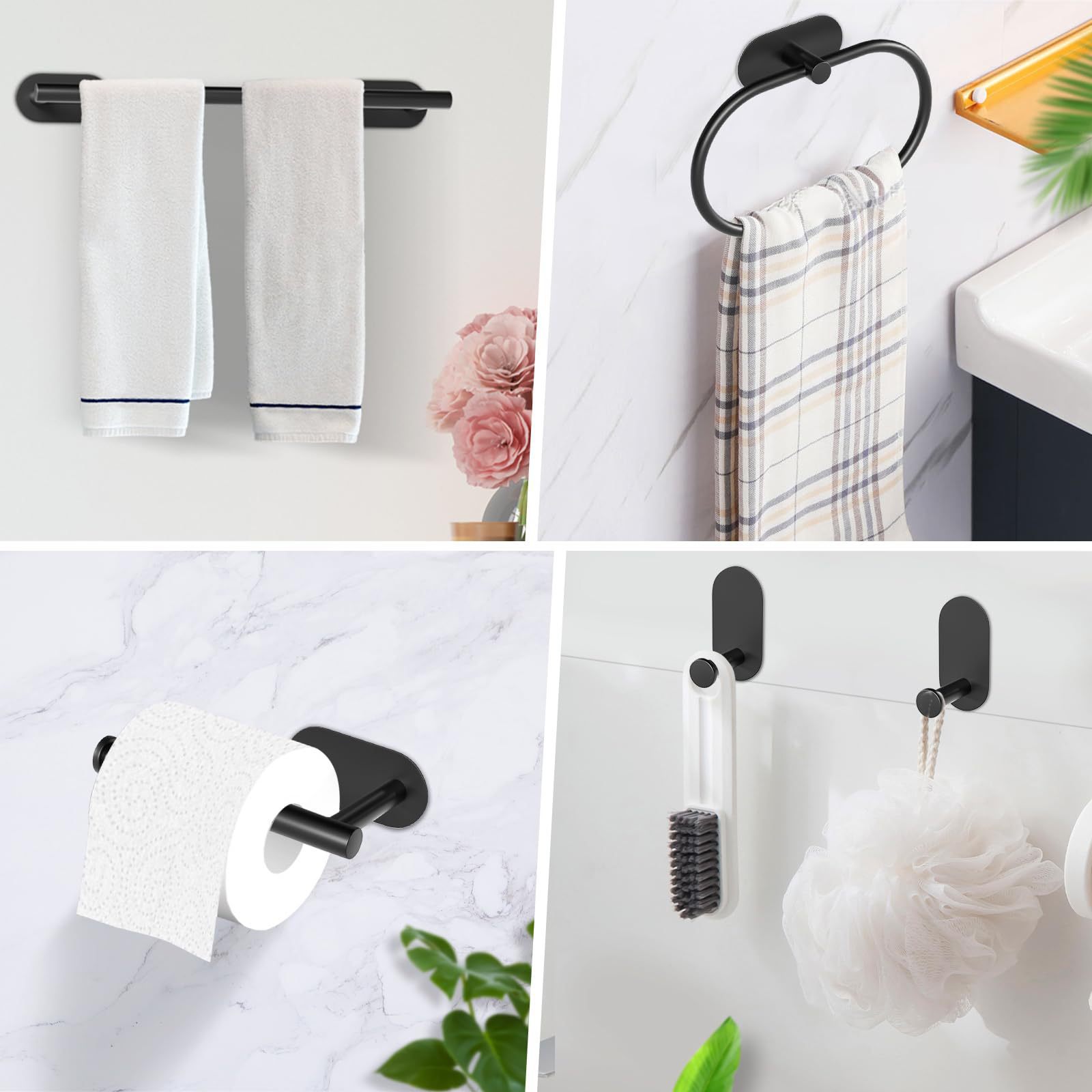 Conjunto de barra de toallas transfronterizas, estante de toallas de baño, estante de papel de baño negro, gancho de ropa sin clavos, conjunto de accesorios de baño image 4