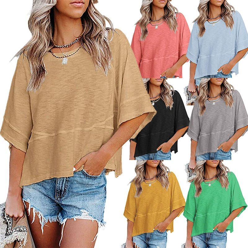 2022 Amazon трансграничная летняя новая Европейская и американская строчка однотонная укороченная футболка с круглым вырезом и расклешенными рукавами-колокольчиками, Свободный Топ