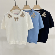 VA华伦家25年夏季新款圆领短袖钉珠立体刺绣蝴蝶结轻薄透气针织衫