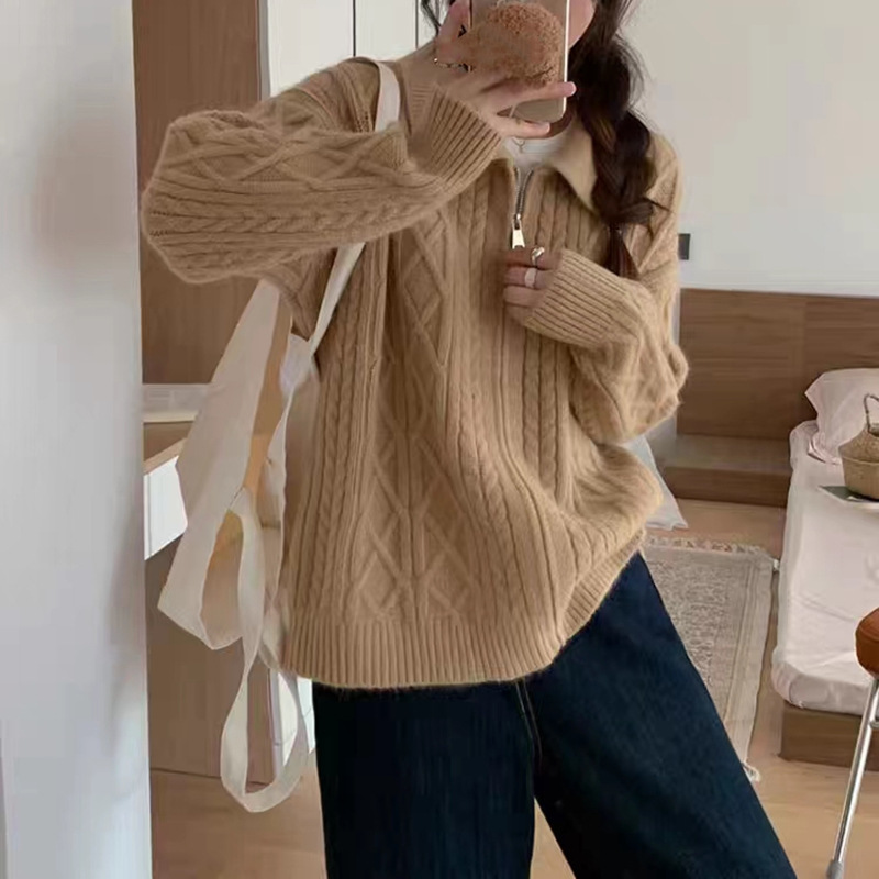 レトロな襟付きジッパーセーターコート、女性用、秋冬、クロスボーダー、ゆったりとした怠惰なデザイン、スタイリッシュな麻花編みニットカーディガン|undefined