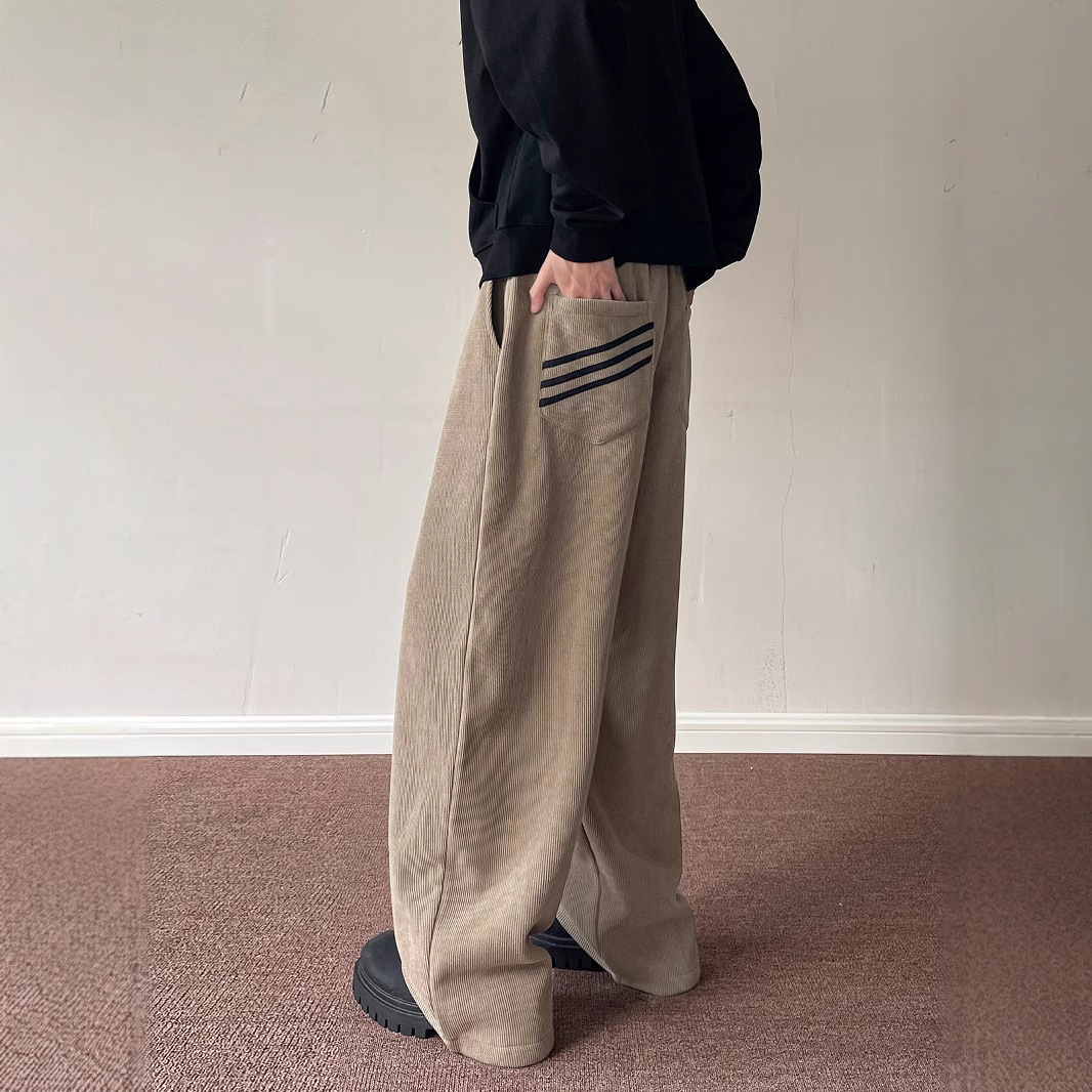 慵懒风阔腿裤三条杠卫裤男灯芯绒拖地休闲裤美式垂坠感直筒裤子潮