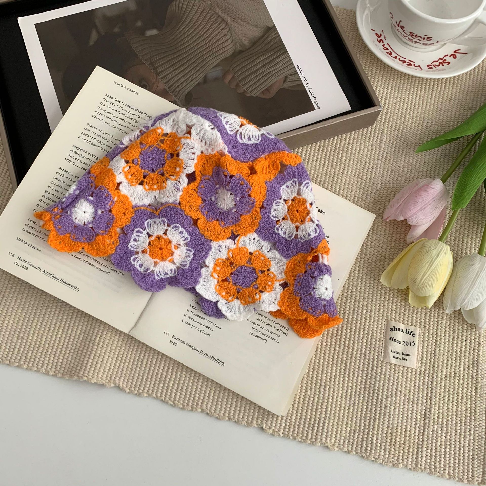 Sombrero de cabeza grande Sombrero de pescador de arte japonés Sombrero plegable de cúpula de flores de punto a juego de color para mujer Sombra de protección solar