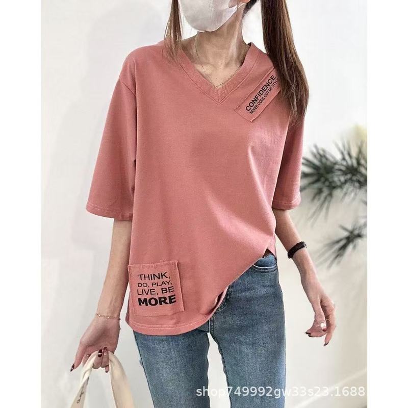 2025 夏ルーズ大きいサイズ新しい V ネックレタープリントパッチ快適なトップ Tシャツ東大門クロスボーダー|undefined
