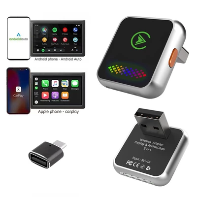 Carplay Box Upgraded Version with One-Click Switch for Ambient Lighting, Wired to Wireless, Android Two-In-One Car Adapter (Simsiz CarPlay və Android Auto) - k20b-silver-adapter