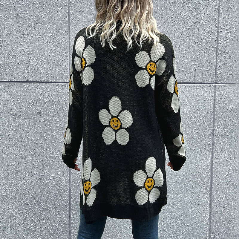 Floral Long-sleeved Long Style Sweater Cardigan_voghion.com