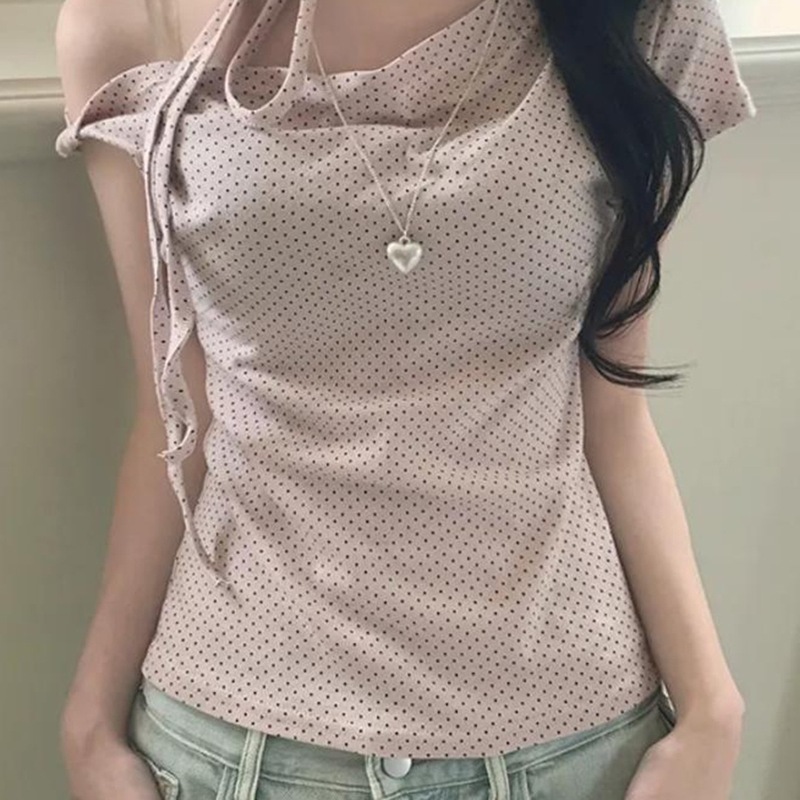 【甜美少女】法式波点露肩系带短袖T恤粉色清纯气质上衣白色黑色|undefined