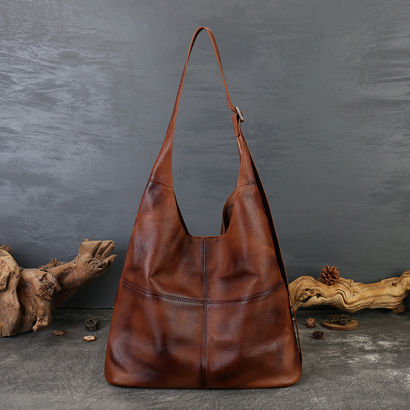2025 New Large-Capacity Genuine Leather Bag Tote Armpit Shoulder Bag Retro Cowhide Personalized Wide Shoulder Strap Crossbody Bag for Women