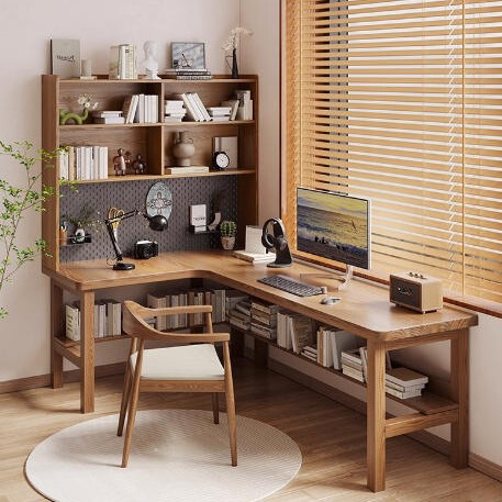 New Solid Wood Corner Table Storage Rack Writing Desk Study Table Student Home Bedroom Desk Bookcase Integrated Combination