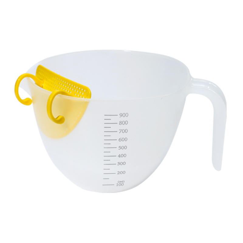 Filtro taza de medición de gran capacidad con escala huevo líquido plástico huevo batir taza huevo hornear con pantalla de filtro cocina arroz lavado tazón