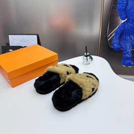 正确版本毛毛拖鞋女外穿羊羔毛皮毛一体字母休闲厚底一字毛拖鞋