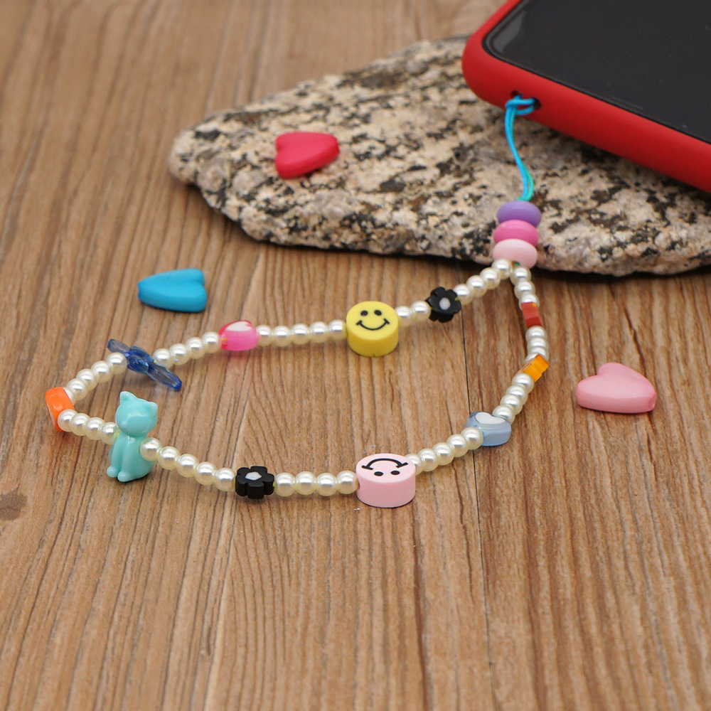 Imitation pearl smiley soft pottery love beaded mobile phone lanyardpicture3